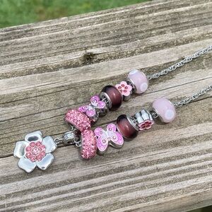 Flower Butterfly crystal glass bead necklace silver plated pink